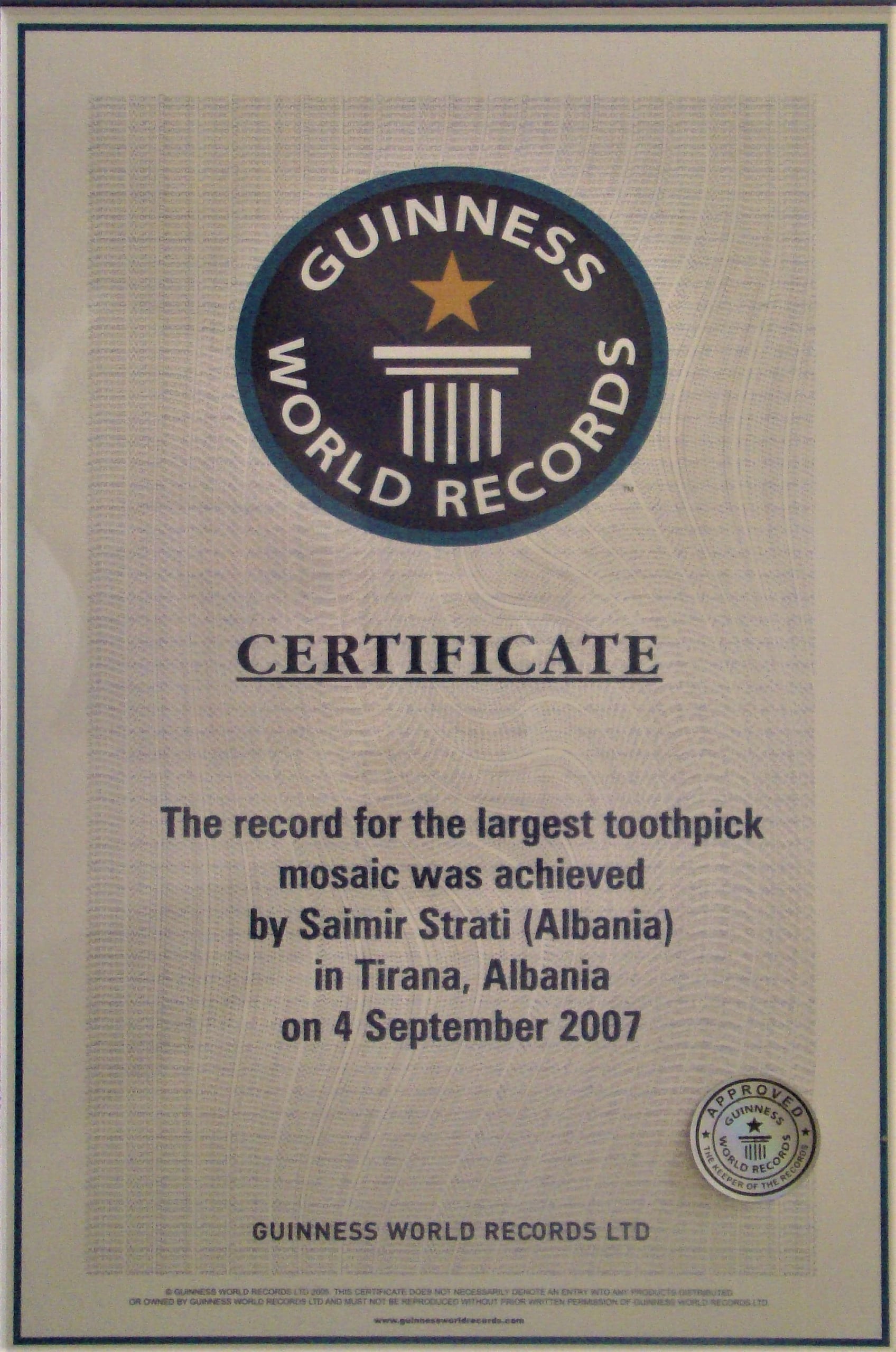 Certificate for the toothpicks mosaic